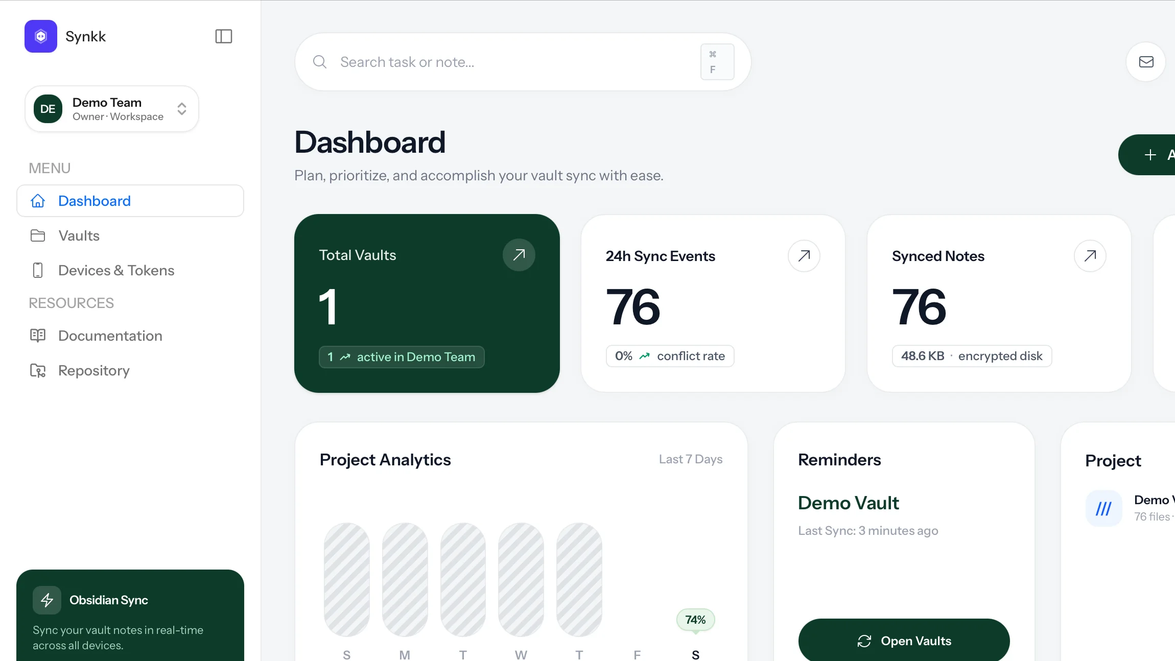 Synkk dashboard showing vault health, connected devices, recent activity, and storage